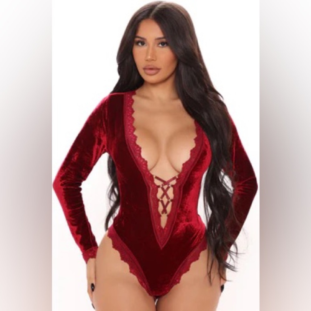 Fashion Nova Velvet Lace Up Front Body Suit